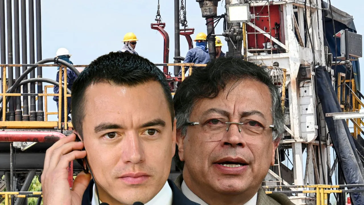 De fondo, trabajadores en planta de petroleo; al frente, combinación entre Noboa y Petro Ecuador sube 900 % tarifa de transporte de crudo colombiano en medio de guerra arancelaria