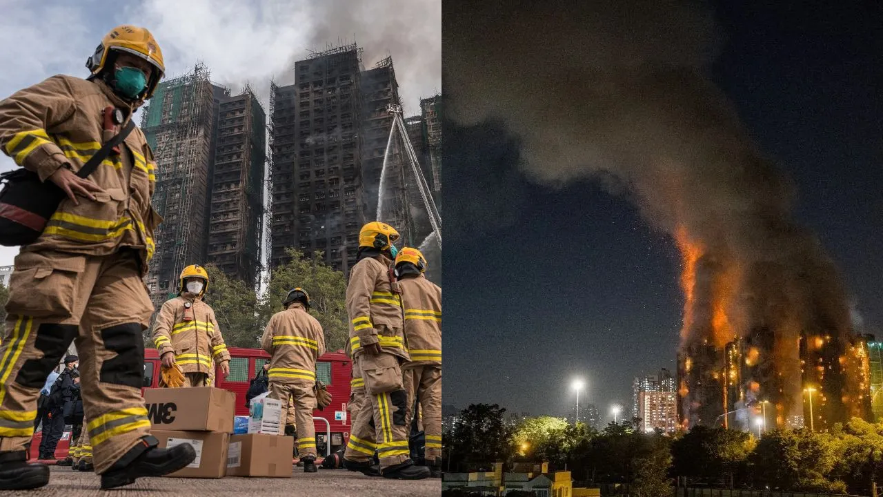 Equipos de emergencia trabajan en la zona del incendio en Hong Kong. Hong Kong enfrenta uno de sus incendios más mortales: 65 fallecidos y 279 personas desaparecidas