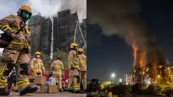 Equipos de emergencia trabajan en la zona del incendio en Hong Kong. Hong Kong enfrenta uno de sus incendios más mortales: 65 fallecidos y 279 personas desaparecidas