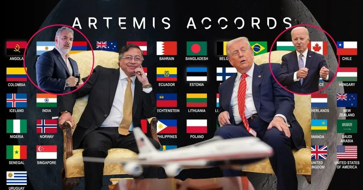 Gustavo Petro con Donald Trump y de fondo los expresidentes Duque y Biden. Colombia y EE. UU. están juntos en la misión Artemis de la NASA, firmaron pacto sin China y Rusia
