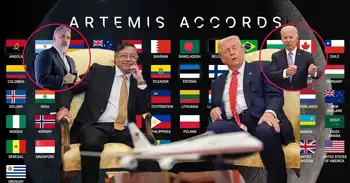 Gustavo Petro con Donald Trump y de fondo los expresidentes Duque y Biden. Colombia y EE. UU. están juntos en la misión Artemis de la NASA, firmaron pacto sin China y Rusia