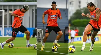 Luis Díaz, James Rodríguez y Dayro Moreno en entrenamiento. Grupo completo y a soñar: la Selección cierra filas y Lorenzo piensa en Dayro