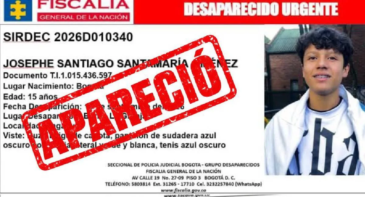 Joseph Santiago Alivio para su familia: Josephe Santiago, joven de 15 años, fue localizado en Bogotá