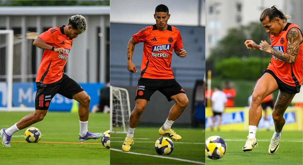 Luis Díaz, James Rodríguez y Dayro Moreno en entrenamiento. Grupo completo y a soñar: la Selección cierra filas y Lorenzo piensa en Dayro