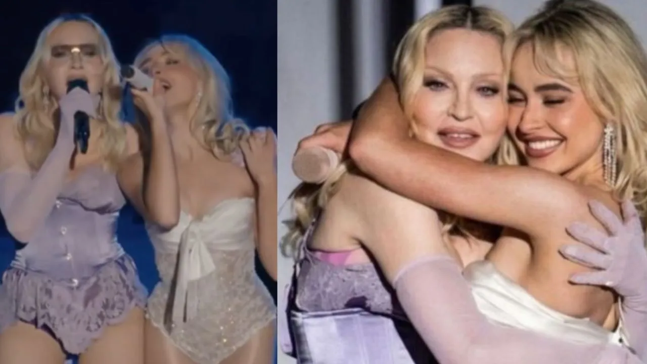 Madonna y Sabrina Carpenter durante su histórica presentación en Coachella. Madonna 'rompe' Coachella: aparece con Sabrina Carpenter y enciende el festival con clásicos del pop