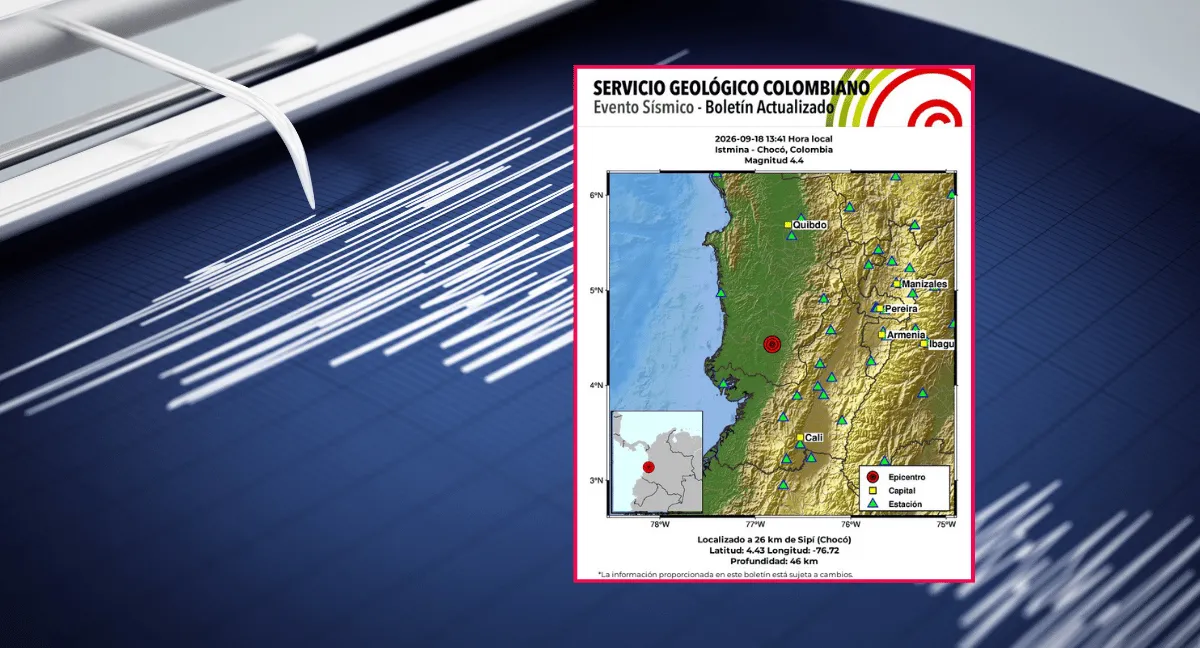 Mapa del Servicio Geológico Colombiano sobre temblor de magnitud 4.4 en Istmina, Chocó. Temblor de magnitud 4.4 se registró en Istmina, Chocó, este viernes 18 de septiembre