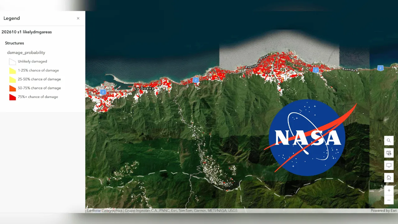Mapa satelital con las zonas de probables daños por los terremotos en Venezuela. La NASA calculó casi 59.000 edificios dañados o destruidos en Venezuela tras los terremotos