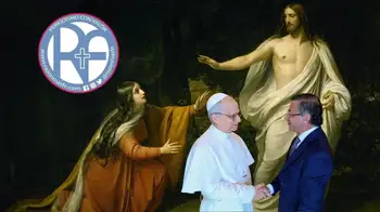 María Magdalena y Jesús, papa León XIV y Gustavo Petro, además del logo Razón+Fe. Carta de 5.000 católicos colombianos para Petro, se quejarán por lo que dijo de Jesús y "las mujeres que lo amaban"