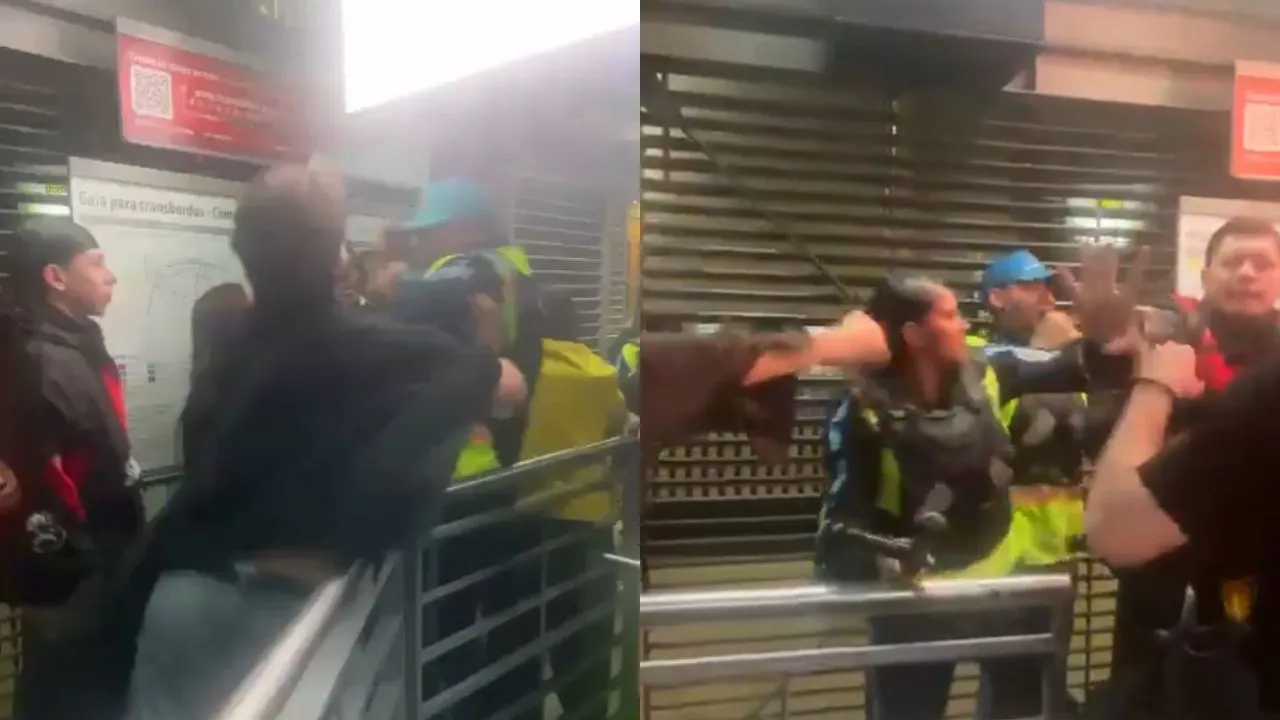 Pelea en TransMilenio entre guardas de seguridad y estudiantes universitarios. Pelea entre vigilantes de TransMilenio y estudiantes universitarios dejó varios heridos