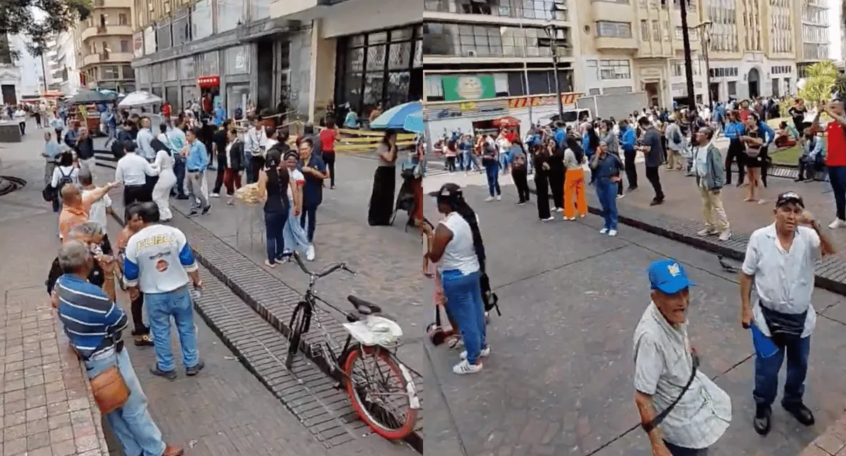 Temblor en Cali hoy, gente en la calle del centro tras los tres sismos del SGC. En Cali la gente salió de oficinas y casas tras los tres temblores que reportó el SGC este lunes