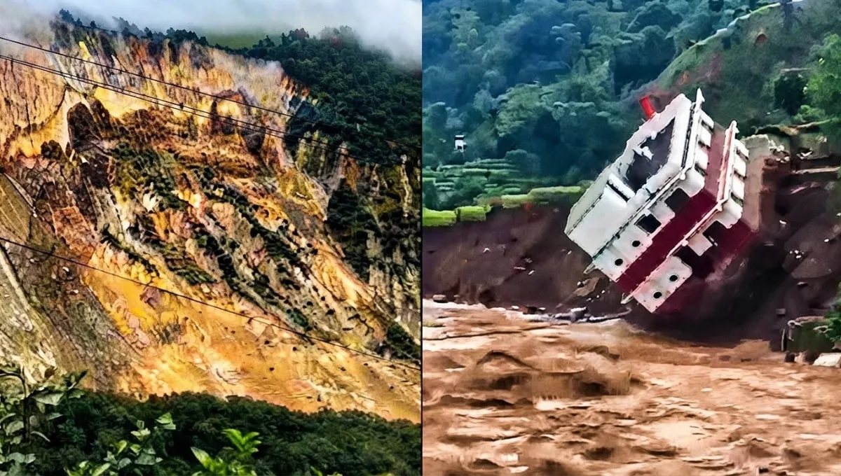 Una casa es arrastrada por el deslizamiento mientras una montaña colapsa en Nepal. Enormes deslizamientos en Nepal por intensas lluvias dejan varios muertos y desaparecidos