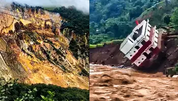 Una casa es arrastrada por el deslizamiento mientras una montaña colapsa en Nepal. Enormes deslizamientos en Nepal por intensas lluvias dejan varios muertos y desaparecidos
